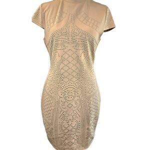 New!! Nude Taupe Bodycon Dress Gold Embellished Beading Mini Stretch JRs Large